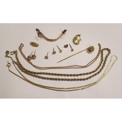 196 - A Stick Pin set old-cut diamond, various gold Chains, single Ear Studs, Locket, scrap gold, approx 2... 