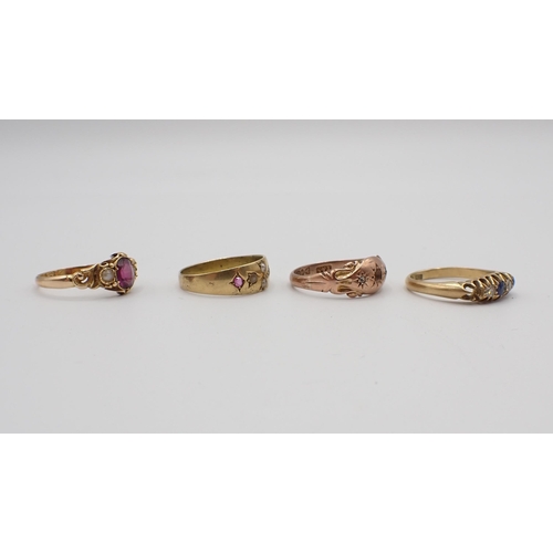 212 - A 15ct gold Ring set garnet and seed pearls (one pearl loose) 1.60gms, two 18ct gold Rings 6.06gms a... 