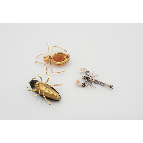 218 - A Scorpion Brooch set synthetic stones, a Spider Brooch set modern amber and an iridescent green Bee... 