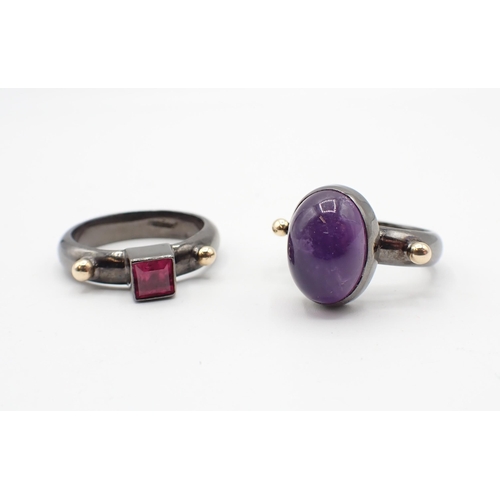 221 - Two contemporary Rings set Amethyst and pink Tourmaline, stamped Maximos, ring size M 1/2 and R