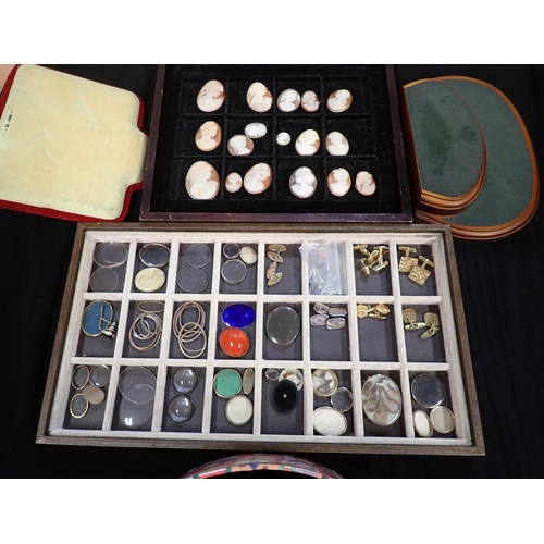 232 - Assorted jewellery boxes, velvet pads for display, two trays of carved shell Cameos, fittings and mi... 