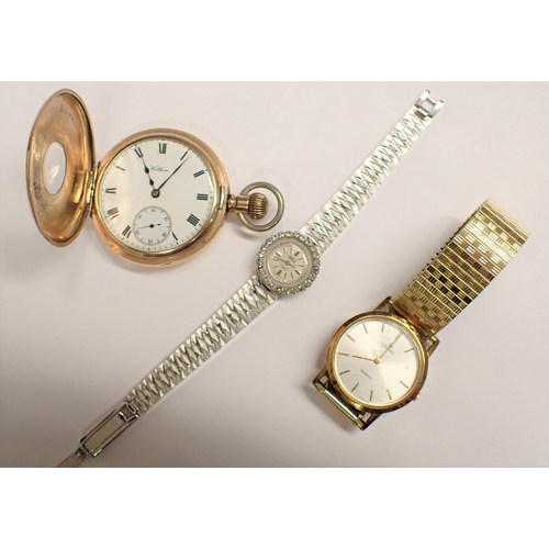 233 - A Waltham half Hunter Pocket watch in gold plated case, a Prefis Cocktail Watch with paste-set bezel... 