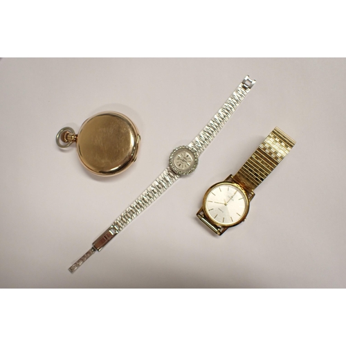 233 - A Waltham half Hunter Pocket watch in gold plated case, a Prefis Cocktail Watch with paste-set bezel... 