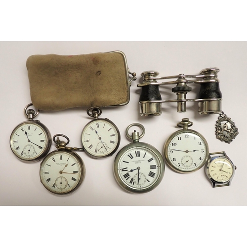 243 - Three silver cased Pocket Watches, a military Pocket Watch and another, a Newmark Wristwatch, a silv... 