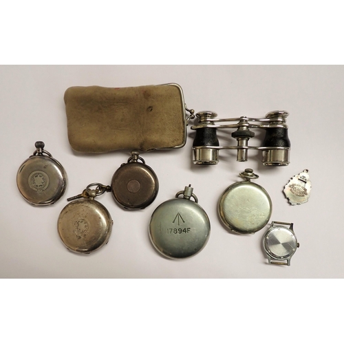 243 - Three silver cased Pocket Watches, a military Pocket Watch and another, a Newmark Wristwatch, a silv... 