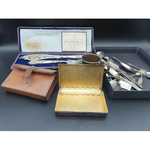 109 - A plated Sandwich Box in leather case, pair of Fish Servers in case, plate Mug and sundry plated Cut... 