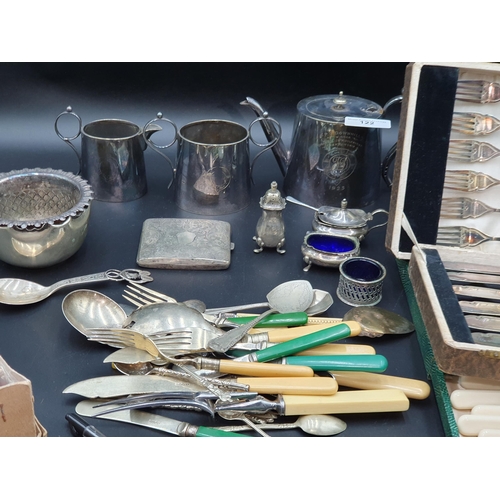 122 - A plated three piece oval Tea Service with Yorkshire Police boxing inscription 1923, a Danish Spoon ... 