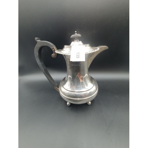 135 - A George V silver Coffee Pot with gadroon rim, interior silver strainer, raised on ball feet, Sheffi... 