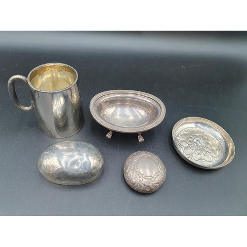 141 - A modern silver oval Salt on paw feet, Birmingham 1998, a Christening Mug Birmingham 1932, circular ... 