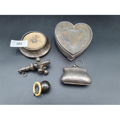 264 - An Edward VII silver and tortoiseshell heart shape Trinket Box, Birmingham 1906, A/F, a silver Purse... 