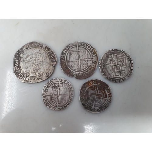 271 - A Charles I Half Crown, MM.TUN. and an Elizabeth I Shilling and Sixpences 1582 & 1583, plus a James ... 