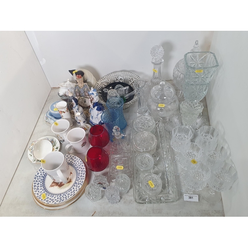 381 - A quantity of glassware, a novelty Clock, pottery model of a Cat, Jasperware Bowl and Dish, Plates, ... 