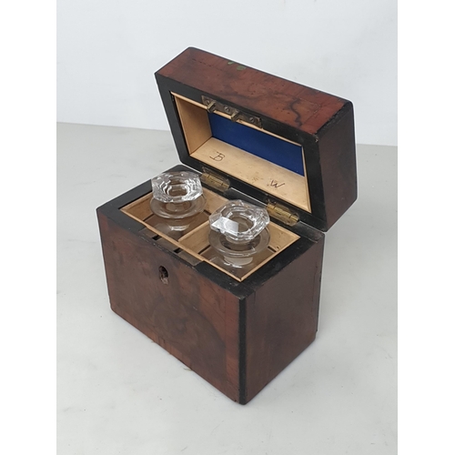 41 - A 19th Century walnut Scent Bottle Box fitted with two glass bottles and stoppers 5in W x 5in H
