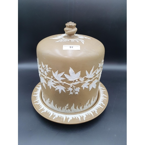51 - A jasperware type large Cheese Dome and Stand with frieze of white ivy leaves on a brown ground, rop... 