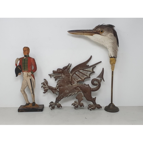 544 - A cast bronze Welsh Dragon stamped 'Hand made Pontypridd Wales' to reverse 10in, a taxidermy Grey He... 