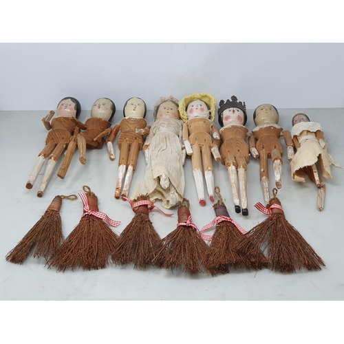 545 - Eight wooden Peg Dolls (some A/F) and six herb bouquets