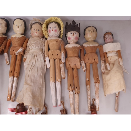 545 - Eight wooden Peg Dolls (some A/F) and six herb bouquets