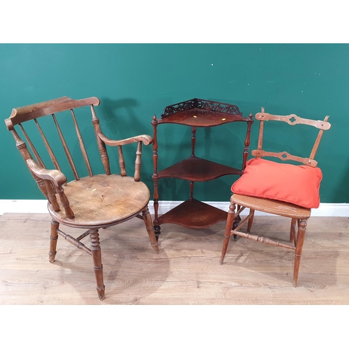 548 - An antique beech stick back Elbow Chair, a Bedroom Chair and a Victorian rosewood corner Whatnot 2ft... 