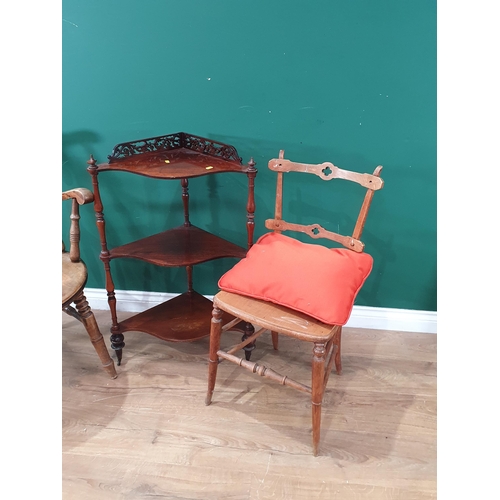 548 - An antique beech stick back Elbow Chair, a Bedroom Chair and a Victorian rosewood corner Whatnot 2ft... 