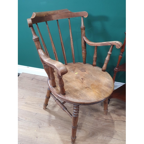 548 - An antique beech stick back Elbow Chair, a Bedroom Chair and a Victorian rosewood corner Whatnot 2ft... 