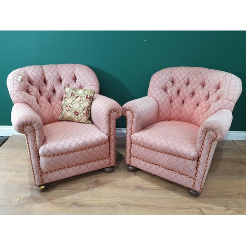 549 - A pair of pink button back upholstered Armchairs on bun feet 2ft 7in H x 2ft 6in W (R4)