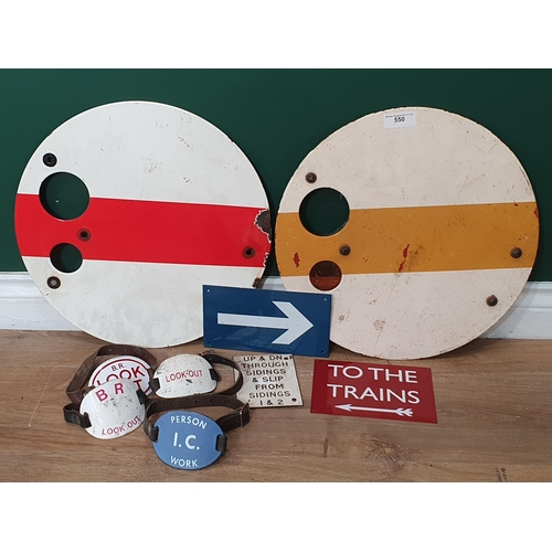 550 - Two circular Enamel Signal Signs, three Enamel Signalman Armband Badges 