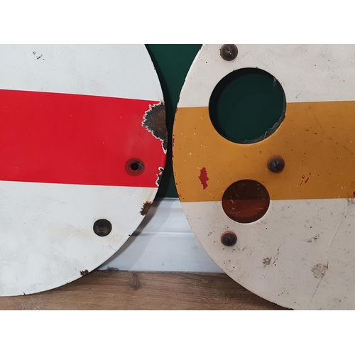 550 - Two circular Enamel Signal Signs, three Enamel Signalman Armband Badges 