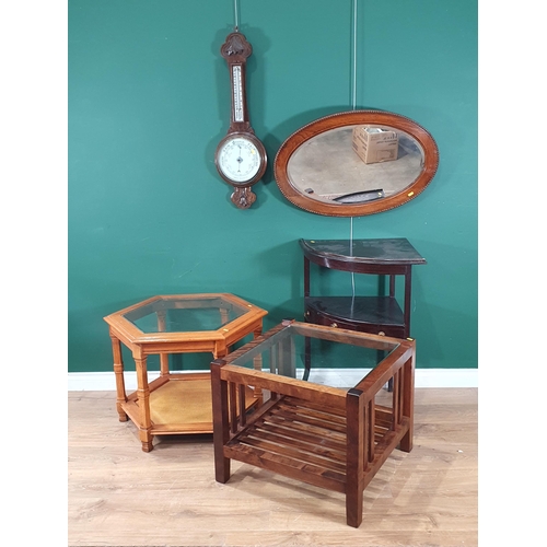 553 - Two glass topped Coffee Tables, a Corner Washstand, an oak cased Aneroid Barometer and an oval Wall ... 