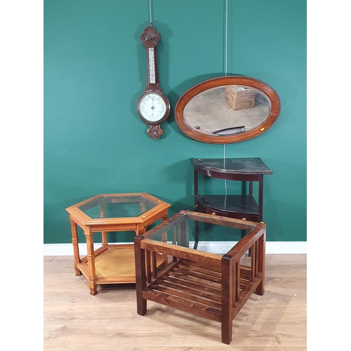 553 - Two glass topped Coffee Tables, a Corner Washstand, an oak cased Aneroid Barometer and an oval Wall ... 