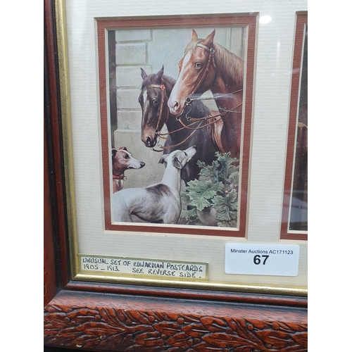 67 - Six early 20th Century Postcards depicting horses and dogs, framed as one, 24 x 14in (R1)