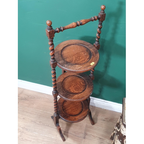 700 - An Eastern hexagonal Occasional Table with brass studded and metal inlay and an oak three tier Cake ... 