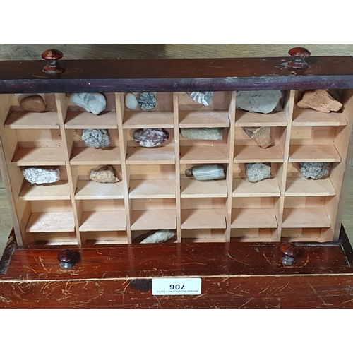 706 - A stained wood Table Top Collector's Chest with multiple drawers containing shells, rocks, etc, 18in... 