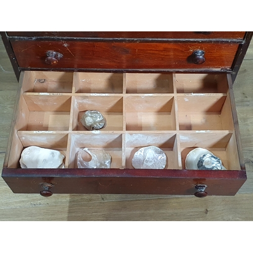 706 - A stained wood Table Top Collector's Chest with multiple drawers containing shells, rocks, etc, 18in... 