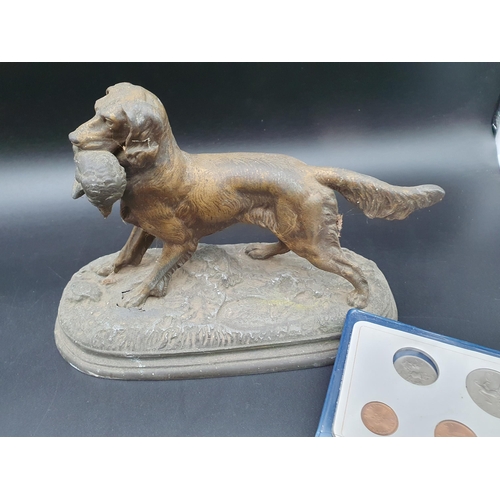 82 - A quantity of Shells, Minerals and Fossils, spelter Retriever with pheasant, A/F Coins and Bank Note... 