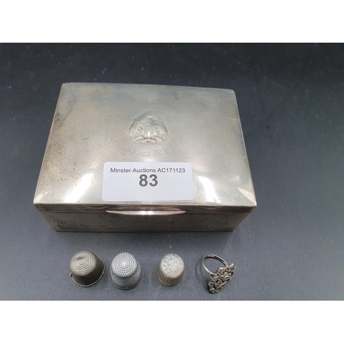 83 - A silver Cigarette Box, three various Thimbles and a silver and marcasite Dress Ring