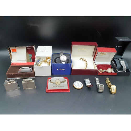 94 - A quantity of Wristwatches by Ingersoll, Fossil, Rotary, etc and three Cigarette Lighters by Rowenta... 