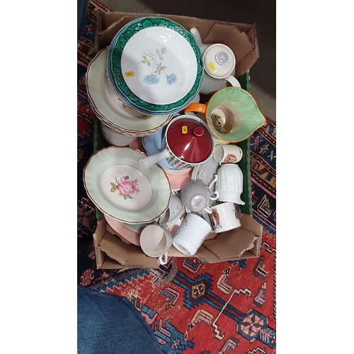 397 - A box of ceramics including, a part Royal Doulton Frost Pine Tea Service, six J&G Meakin floral deco... 