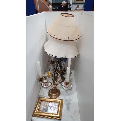 398 - A modern oriental Table Lamp, two Candle Sconces, and a framed Religious Print. (R5).