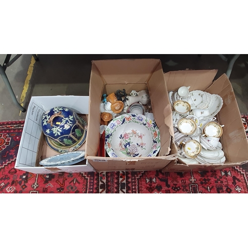 821 - Three Boxes of assorted Ceramics including, a Majolica Cheese Cover A/F, three Wedgewood Plates, a l... 