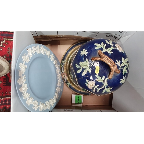 821 - Three Boxes of assorted Ceramics including, a Majolica Cheese Cover A/F, three Wedgewood Plates, a l... 