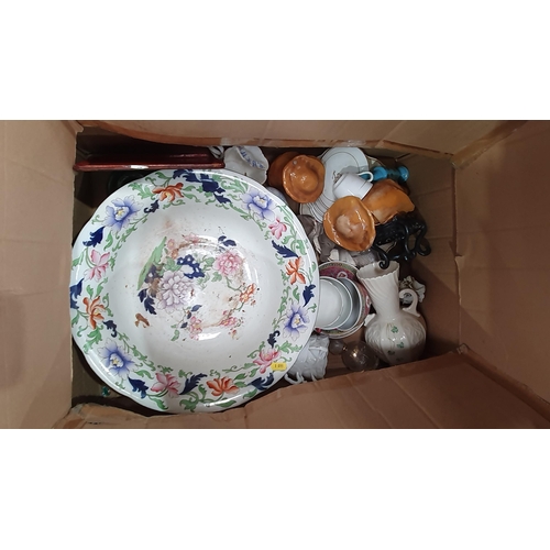 821 - Three Boxes of assorted Ceramics including, a Majolica Cheese Cover A/F, three Wedgewood Plates, a l... 