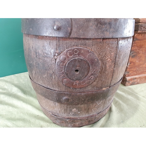 842 - A small metal bound Barrel 15 1/2in and a box containing artist and upholstery equipment (R8)