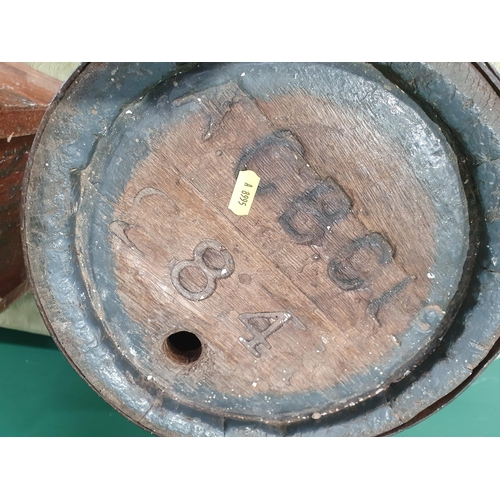 842 - A small metal bound Barrel 15 1/2in and a box containing artist and upholstery equipment (R8)