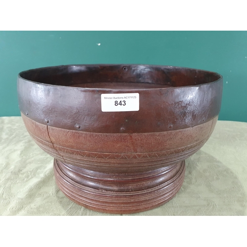 843 - An eastern carved Bowl with metal rim, 15in diam (R7)