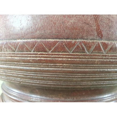 843 - An eastern carved Bowl with metal rim, 15in diam (R7)