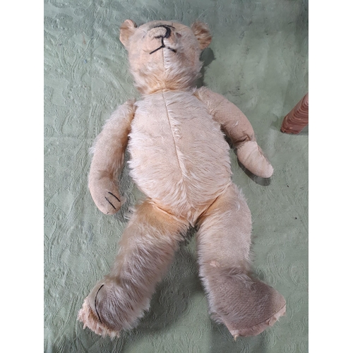 844 - An old plush Teddy Bear with jointed limbs, 20in L worn, two small Teddy Bears, all sat in a small c... 