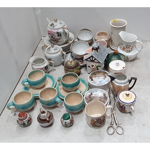 395 - A Chinese part Tea Service, glazed pottery Cups and Saucers, an Aynsley Jug, two Pot Lids, etc. (R5)... 