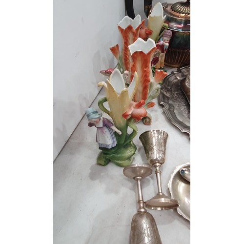 399 - Silver plated items including, a three piece Coffee Set, Cruet, four continental ceramic Figure Vase... 