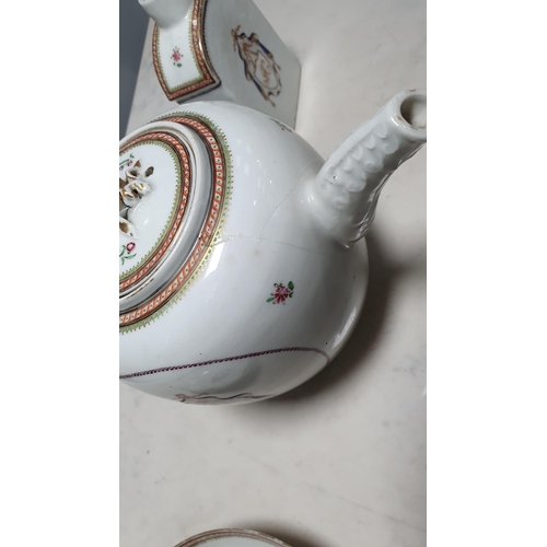 400A - A Chinese Armorial Teapot with matching flask and saucer A/F