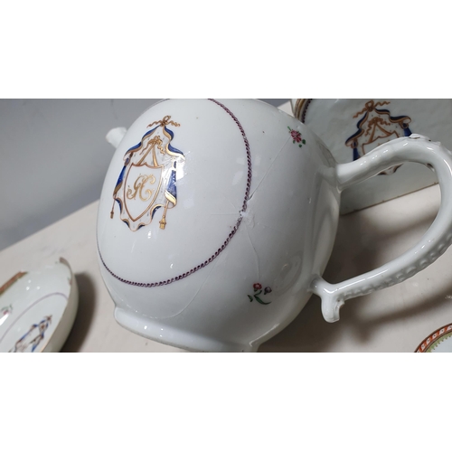 400A - A Chinese Armorial Teapot with matching flask and saucer A/F